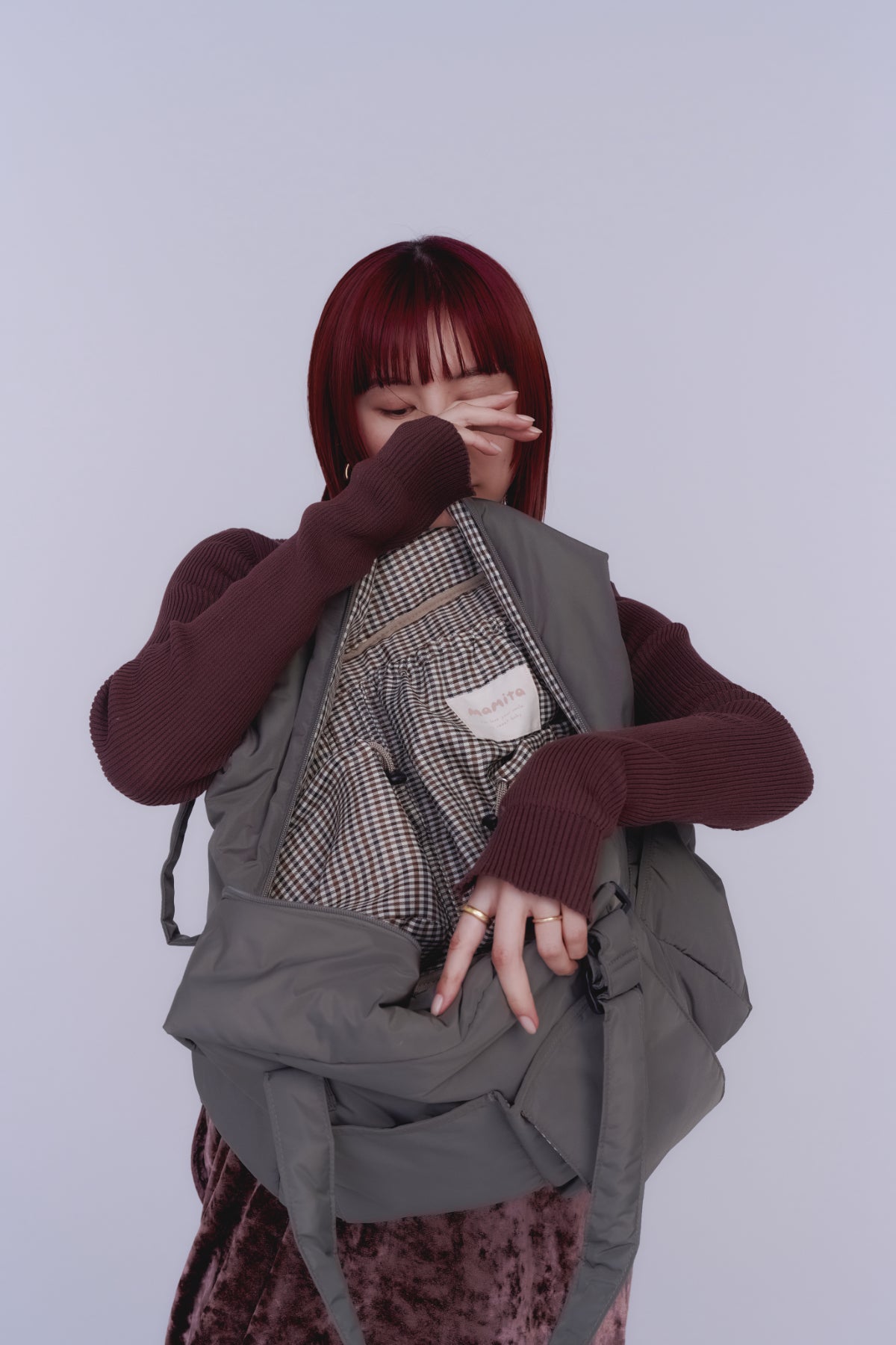 mamita マザーズバッグ - アッシュグリーン & ギンガムチェック