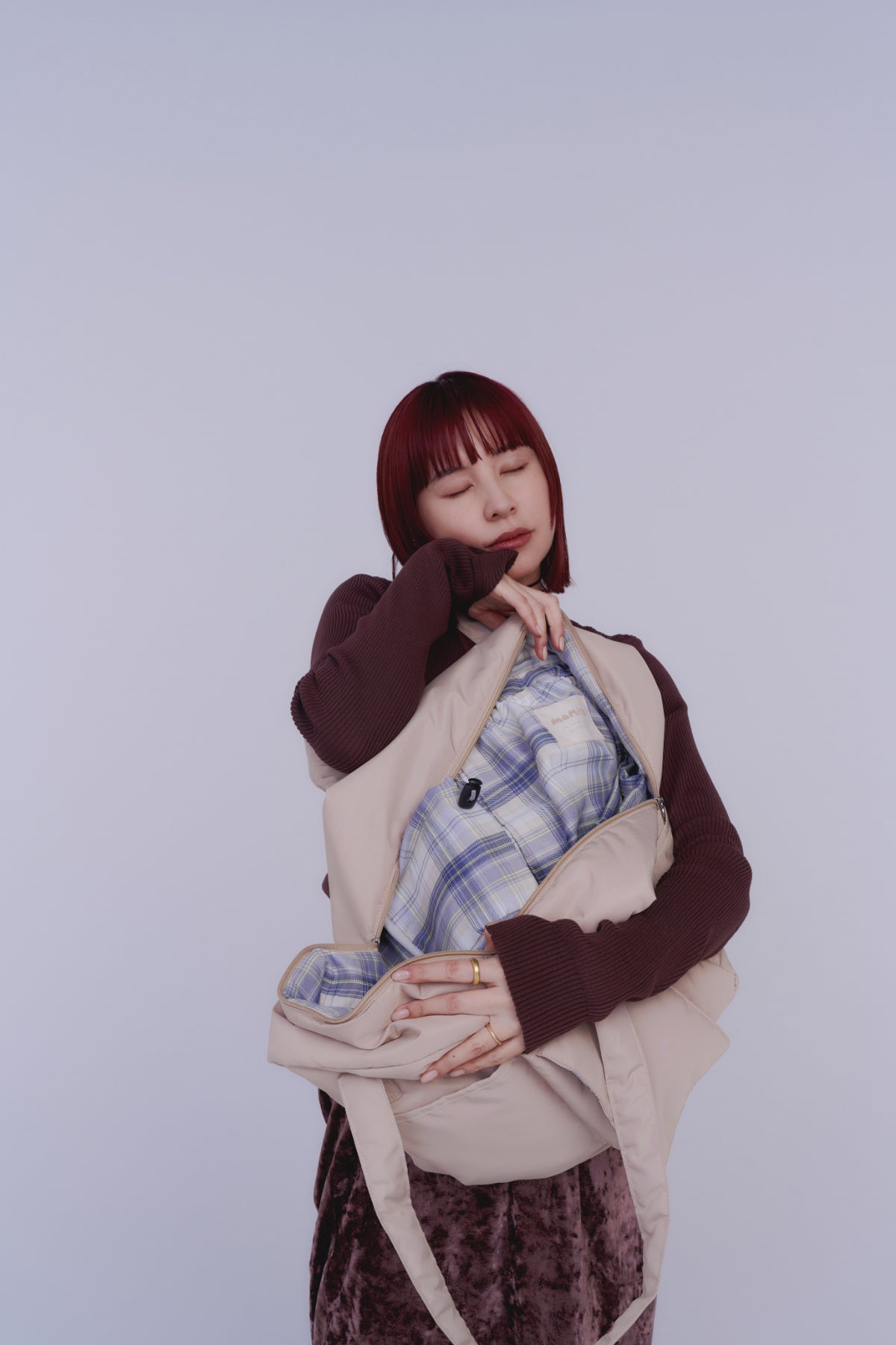 mamita マザーズバッグ - クリームベージュ & タータンチェック