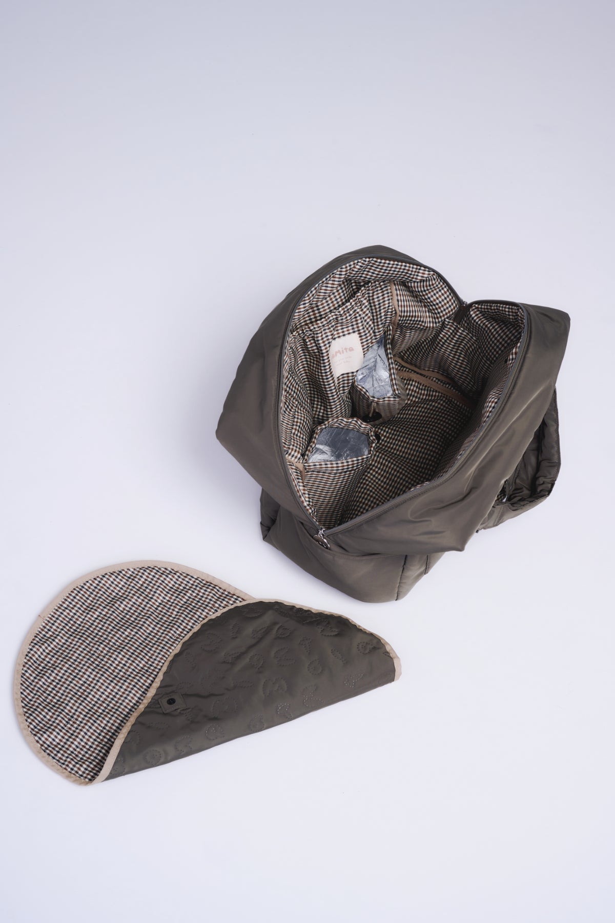 mamita マザーズバッグ - アッシュグリーン & ギンガムチェック