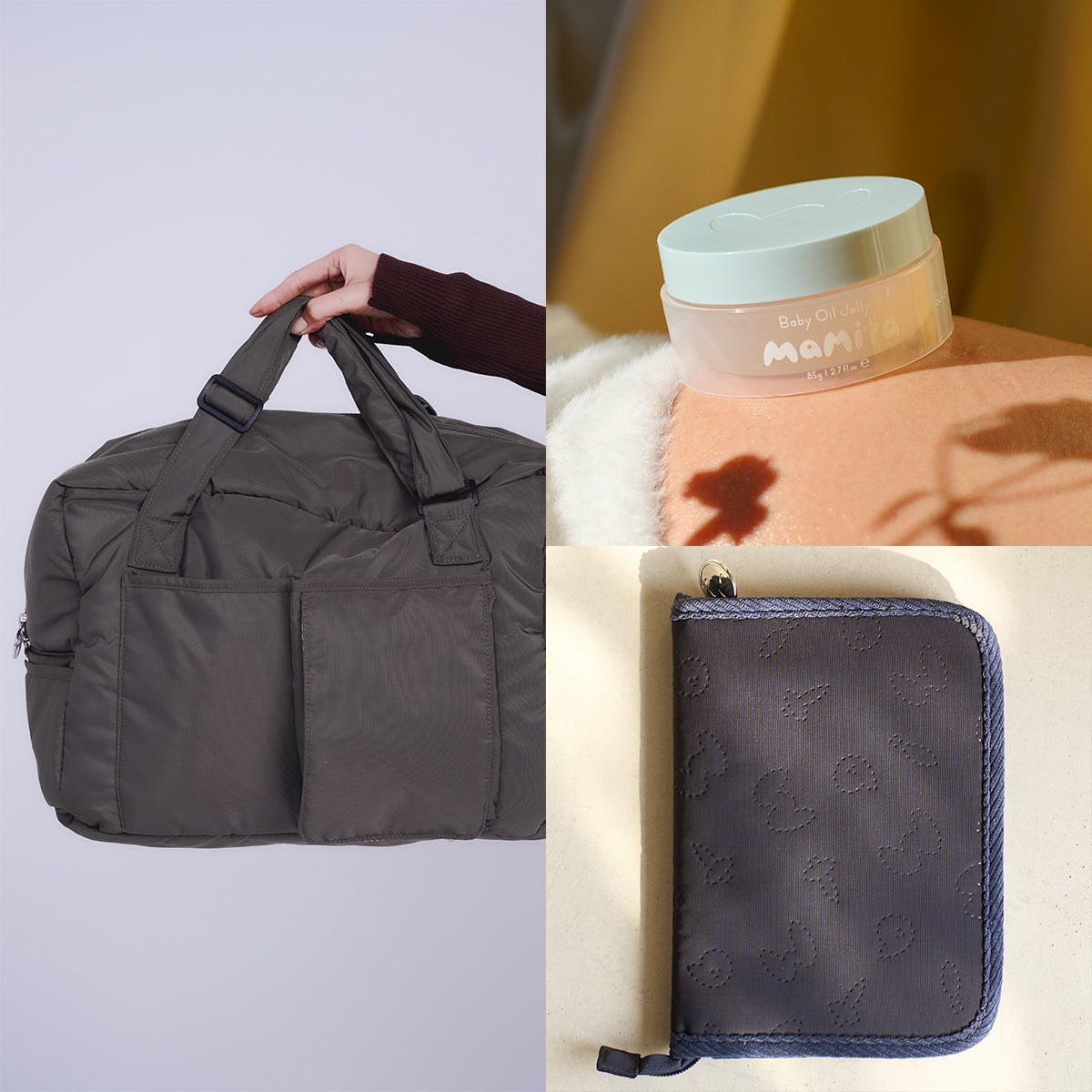 【SET 02】mamita マザーズバッグ セット - アッシュグリーン & ギンガムチェック+ 母子手帳ケース + オイルジェリー